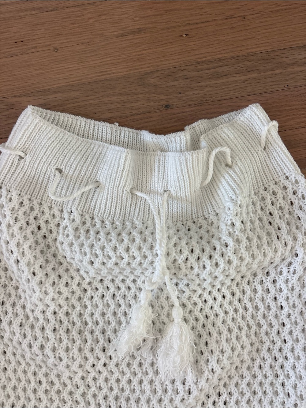 White Crochet Knit Tassel Drawstring Top